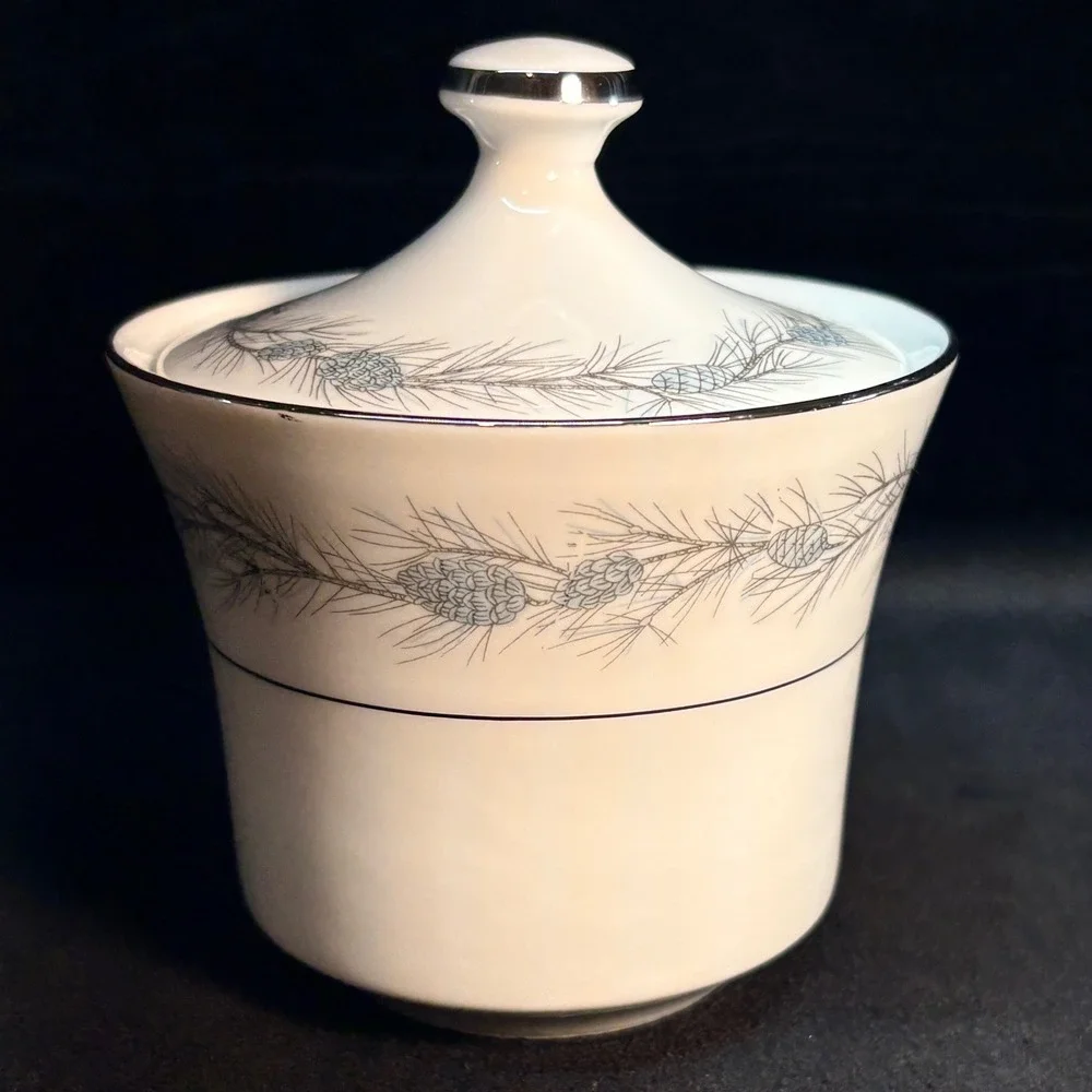 Style House Duchess Fine China Sugar Bowl Lid Japan Pine Cone Silver Trim White